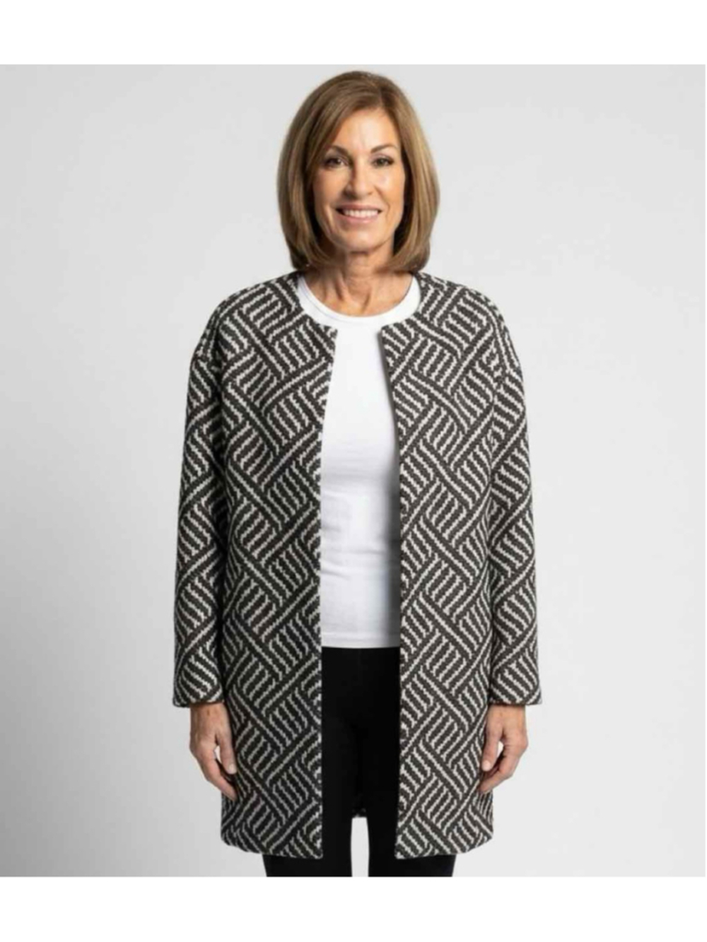 Alice + Olivia Shih Geometric Black White Collarless Textured Coat